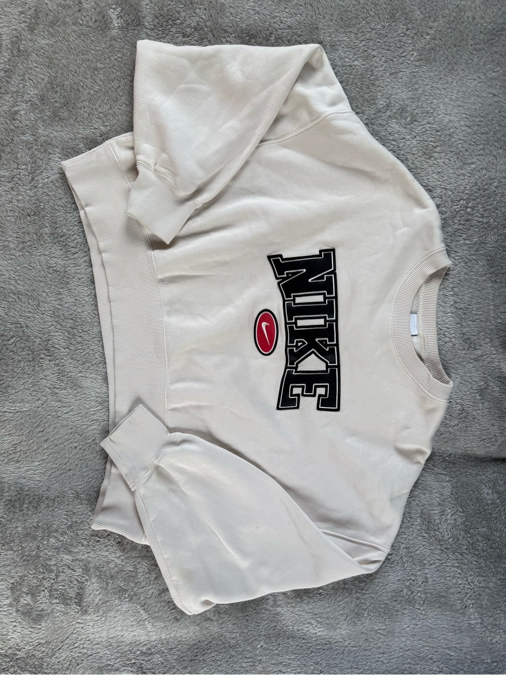 Nike Cream Crewneck Sweatshirt with Black Logo and Red Emblem